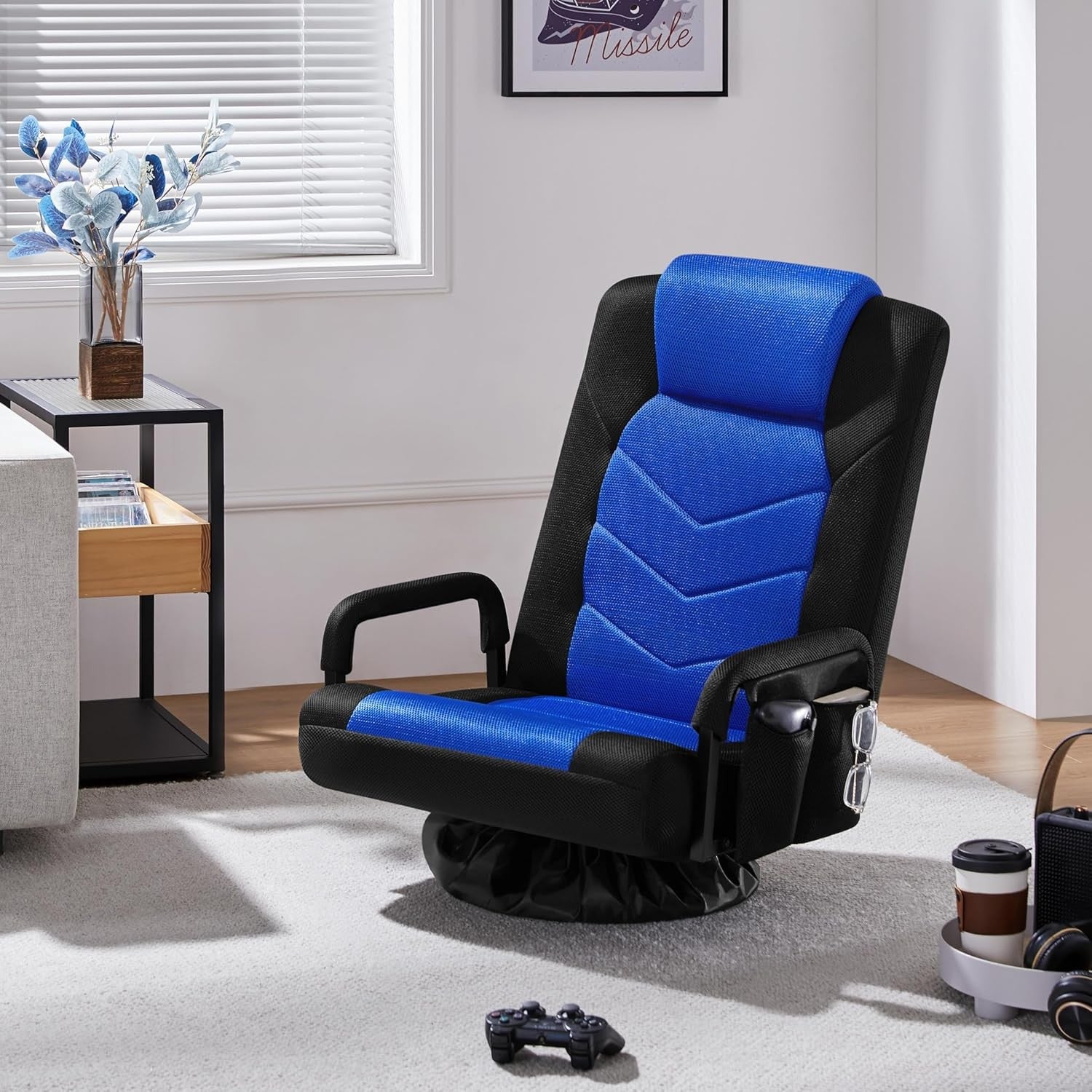 360° Swivel Gaming Floor Chair Recliner 6 Position Sofa Blue