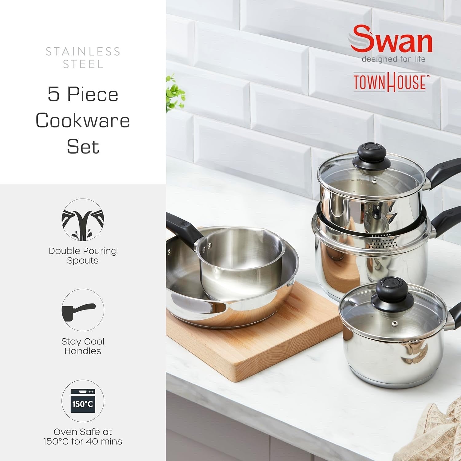 5pcs Stainless Steel Cookware Set with Glass Lids Suitable for All Hobs Types