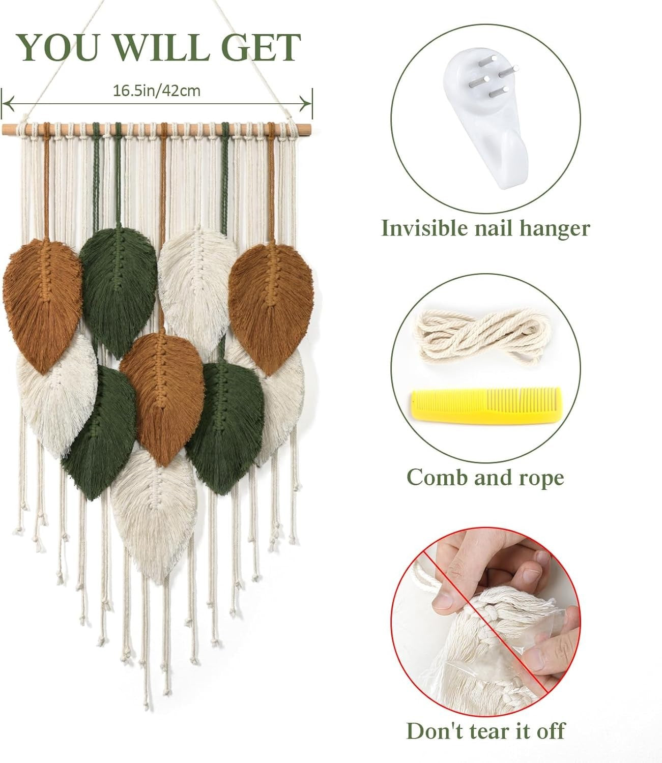 Small Macrame Wall Hanging Boho Leaf Woven Tapestry 42x72cm