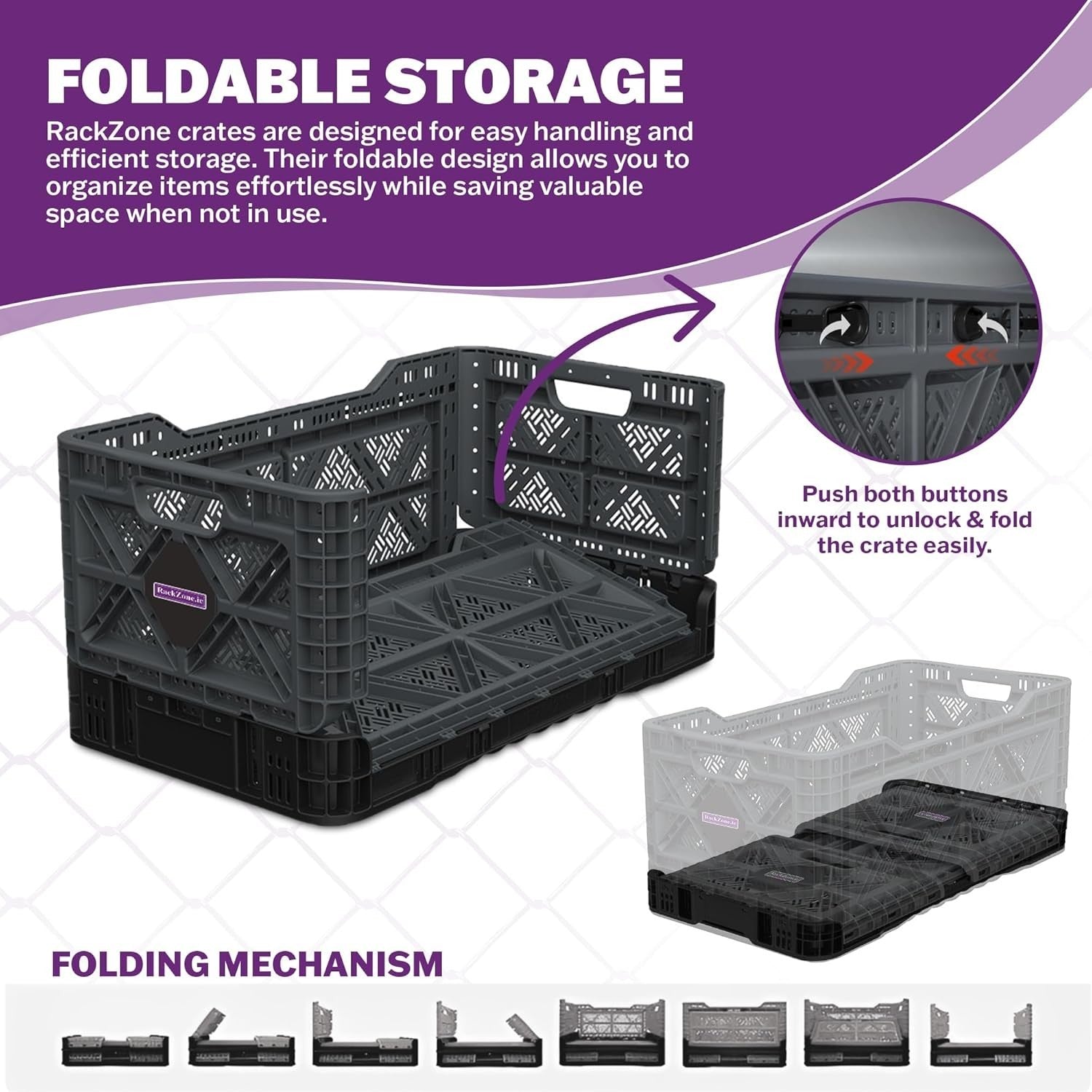 Heavy Duty Collapsible Storage Crate 60x40x30cm 59L Grey