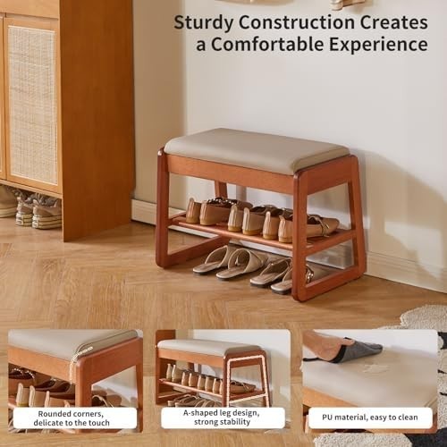 2-Tier Flip-Top Shoe Storage Bench with Padded Seat – Cherry Wood