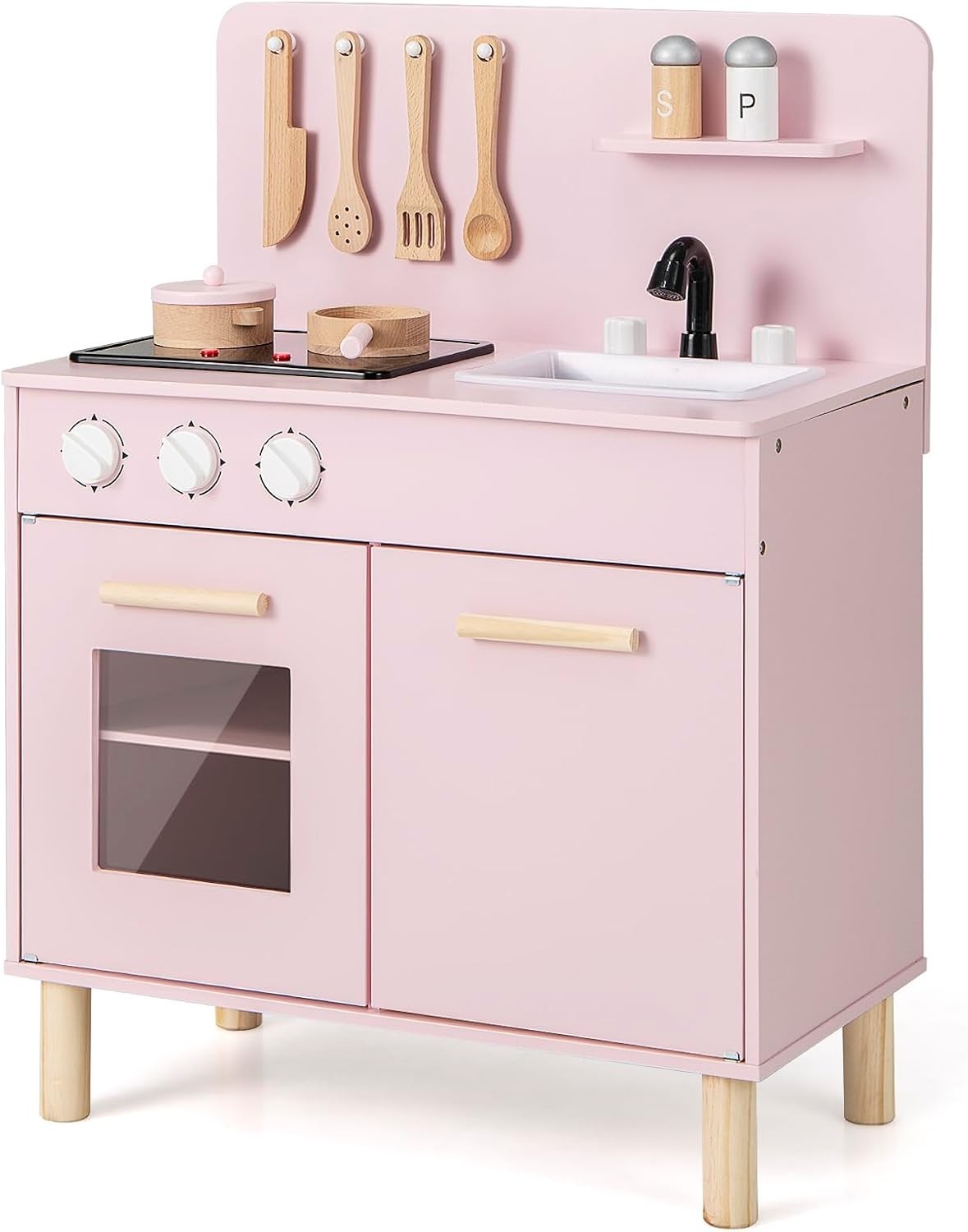 Wooden Kids Play Kitchen Pink Lights Sounds Oven Chef Toy Set
