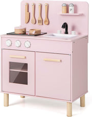 Wooden Kids Play Kitchen Pink Lights Sounds Oven Chef Toy Set