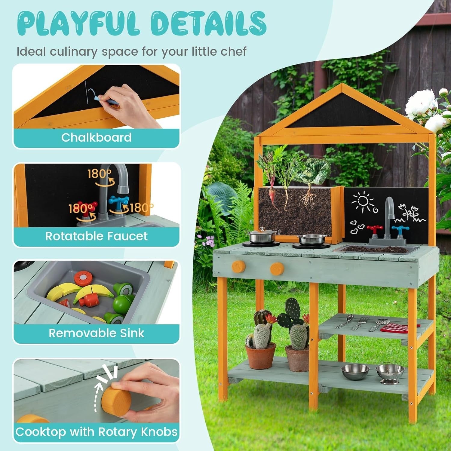 Outdoor Wooden Mud Kitchen Kids Playset Sink Chalkboard Planter Set