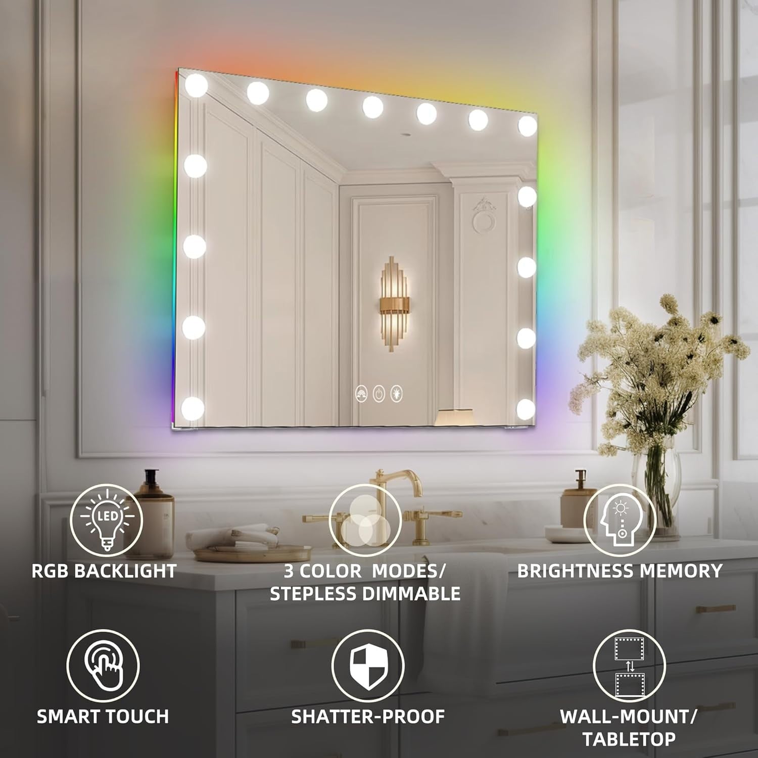 LED Vanity Mirror with RGB Lights, Dimmable Touch Screen, Bedroom Makeup