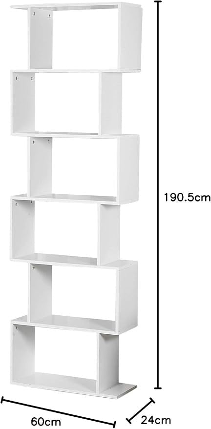 6 Tier White S-Shaped Display Shelf | Modern Tall Bookcase Storage Unit