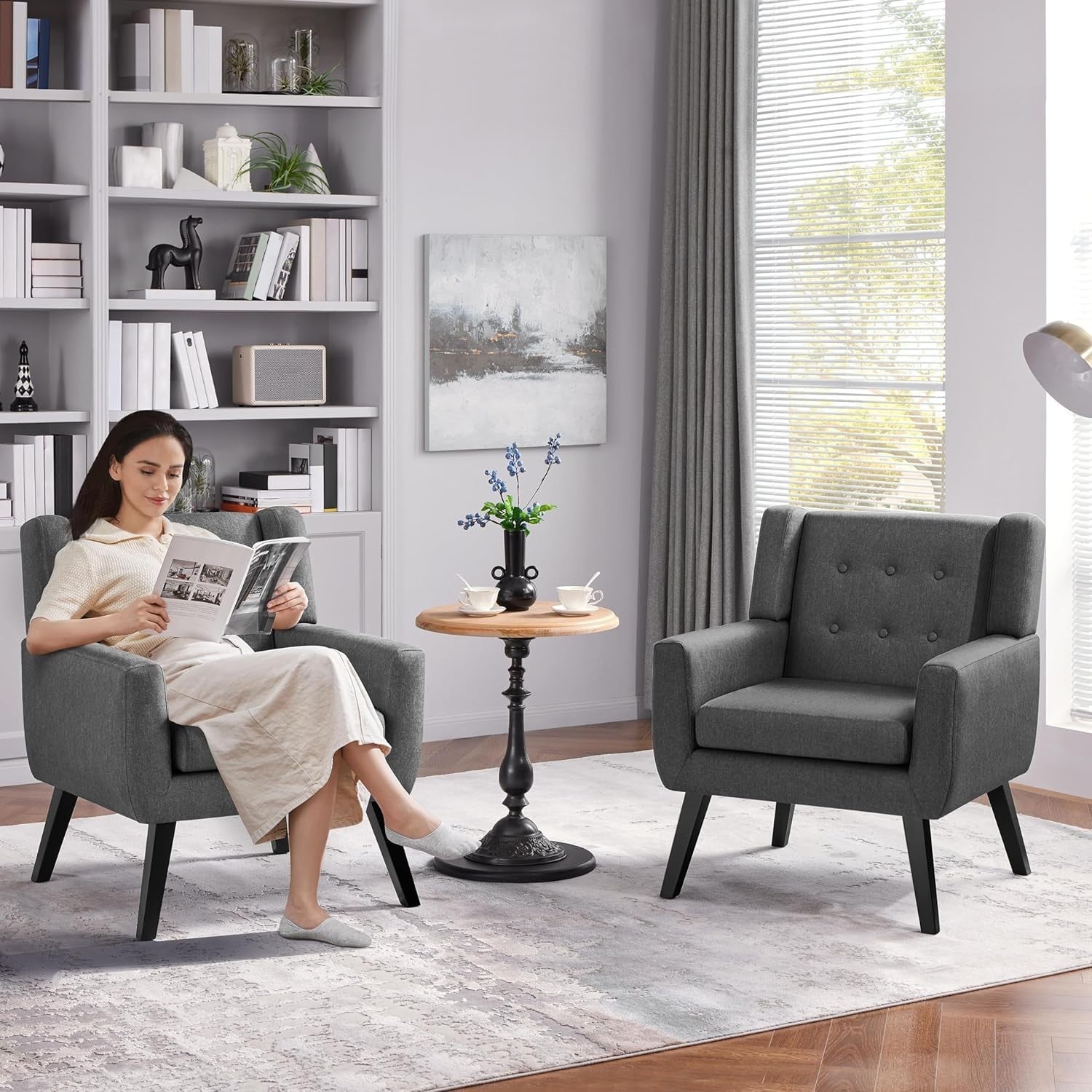 Set of 2 Dark Grey Linen Armchairs | Modern Button Tufted Tub Chairs