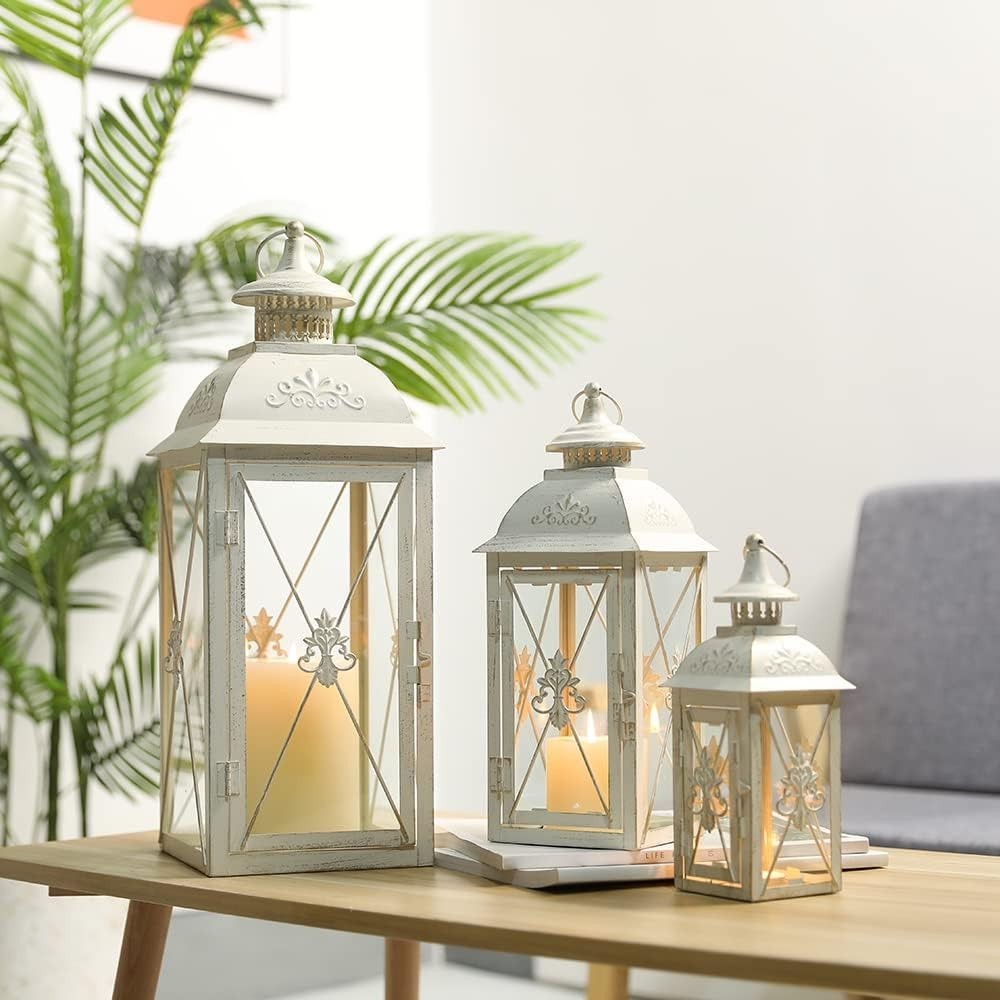 White Gold Lantern Set of 3 Decorative Metal Candleholders
