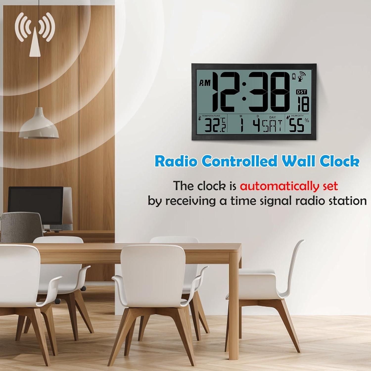 Large Digital Wall Clock 16.7” LCD Temperature Humidity Atomic Time