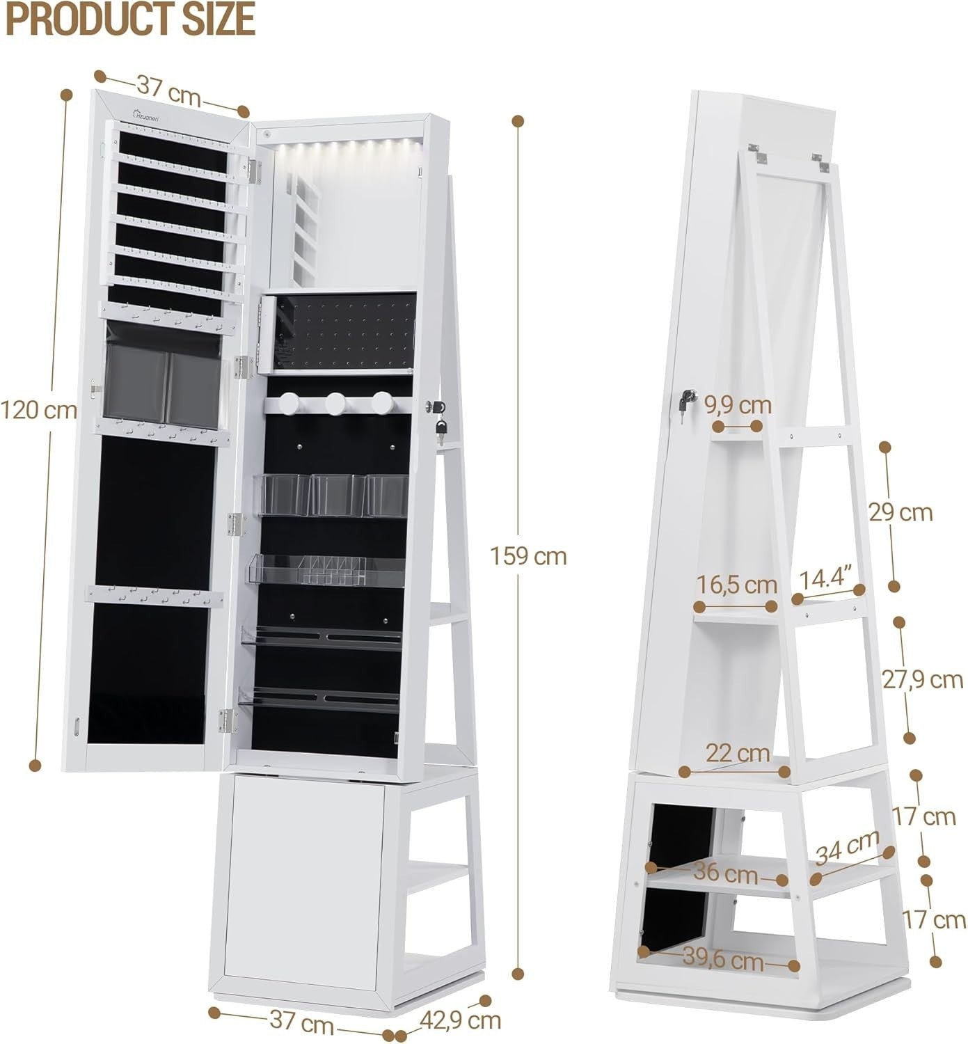 360° Rotating Mirror Jewelry Cabinet Lockable Full Length Storage