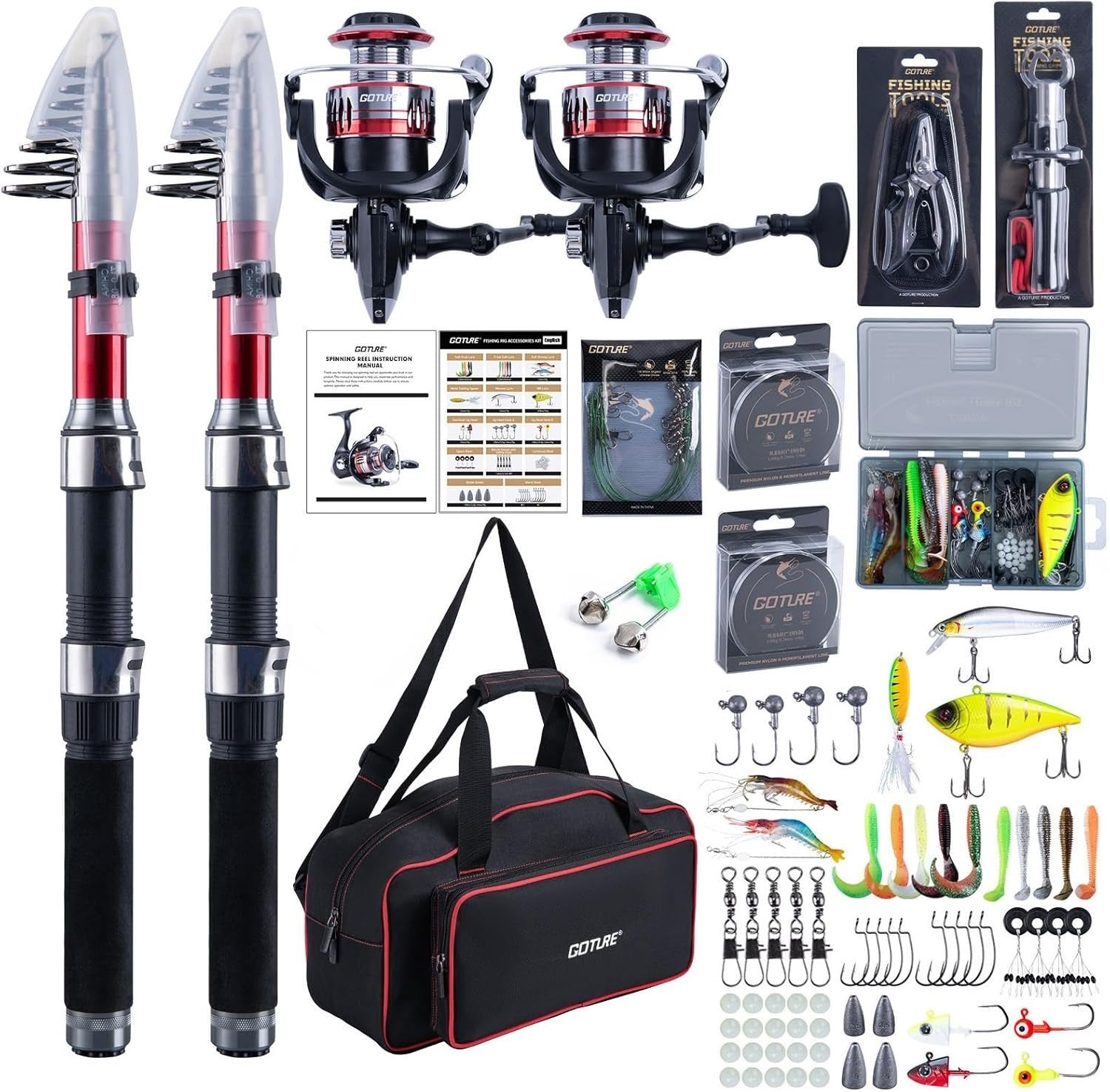 2-Piece Telescopic Fishing Rod Reel Kit with Carrier Bag & Accessories