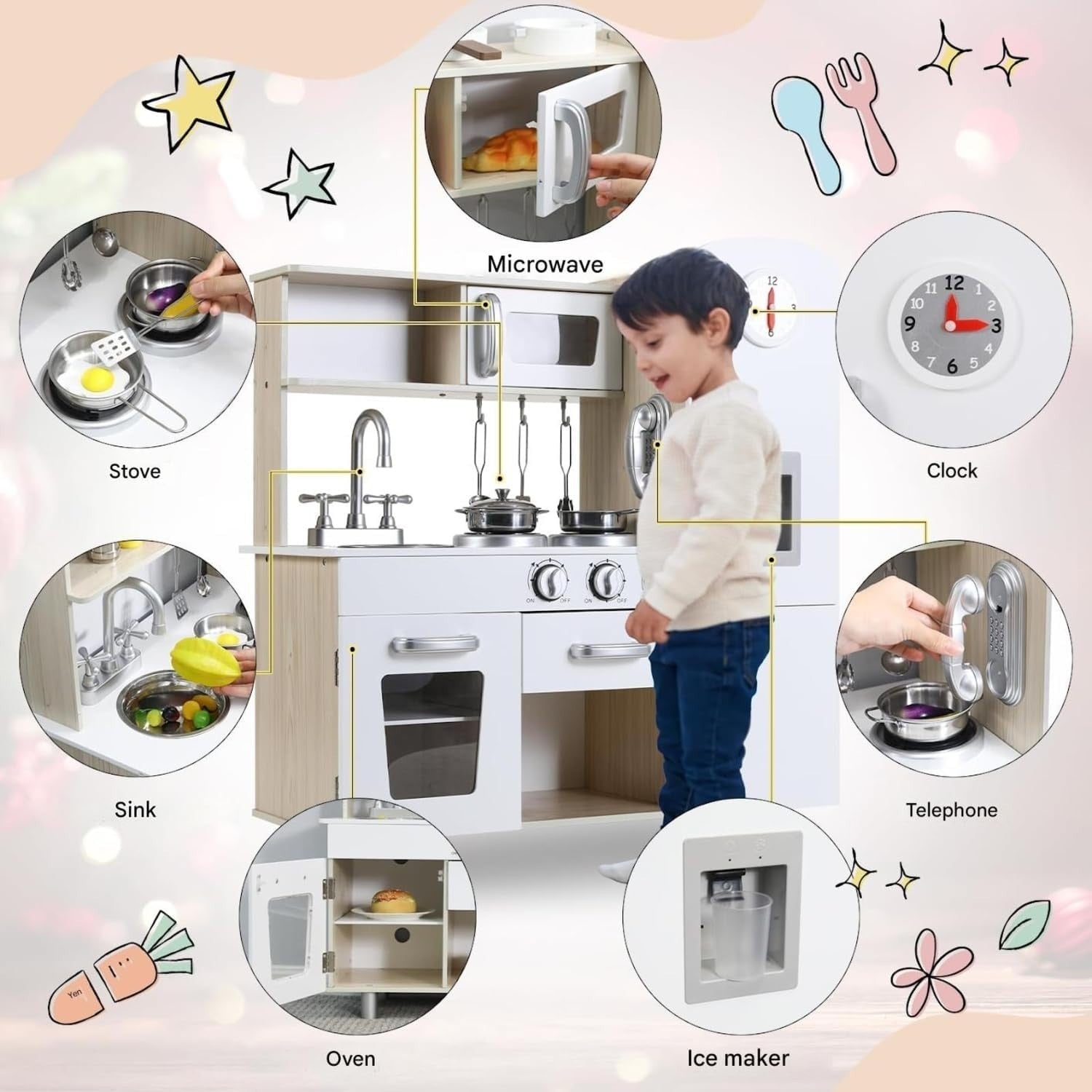 Kids Wooden Play Kitchen Set w/ Lights Sounds Oven Phone White