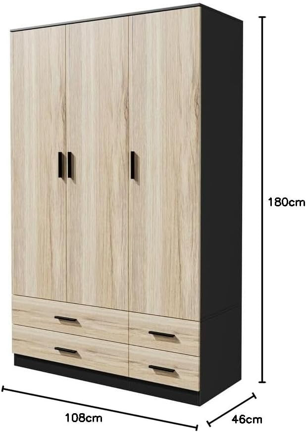 3 Door 4 Drawer Wardrobe Hanging Rail Bedroom Storage Black & Oak Organizer