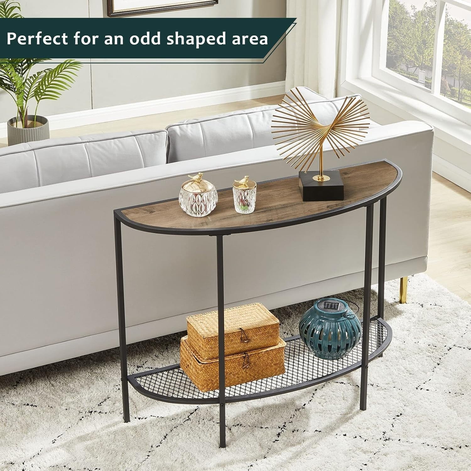 Slim Half Moon Console Table Grey with Shelf, Narrow Entryway Hall Table