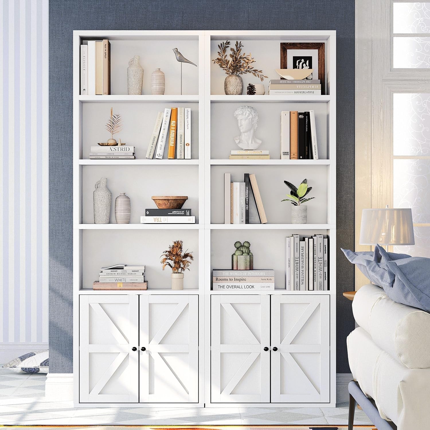 Tall White 6-Tier Bookcase with Cabinet Doors Modern Storage Shelving Unit