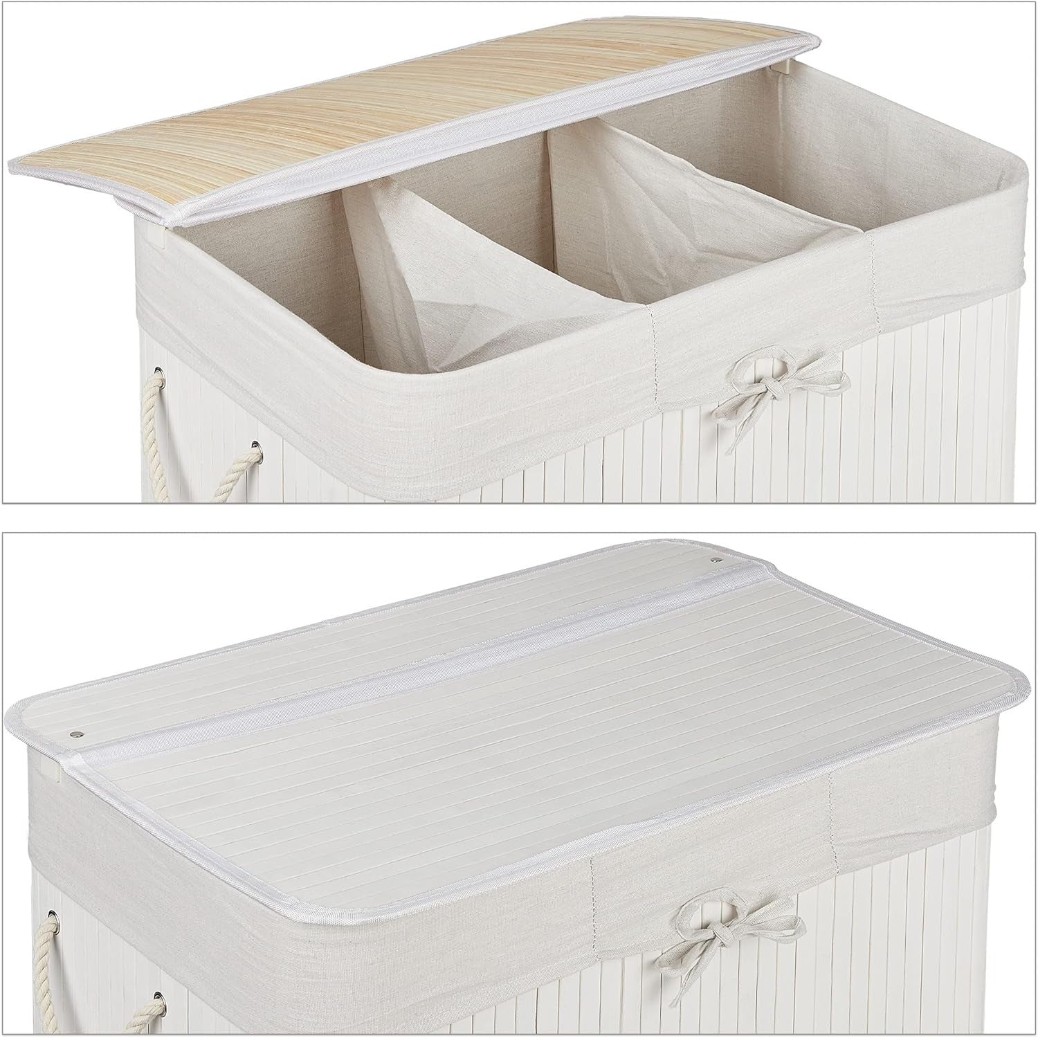 White Bamboo Laundry Basket 3-Compartment Sorter with Lid | Folding 62cm Hamper