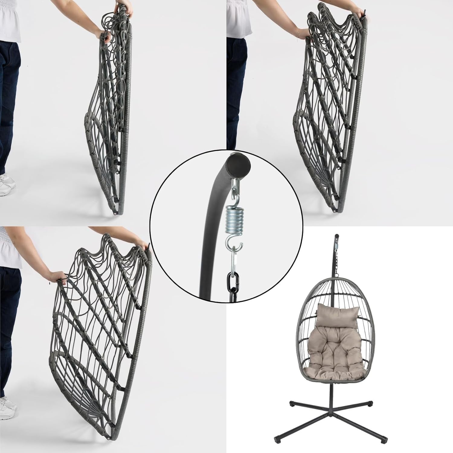 Grey Rattan Hanging Egg Chair with Stand | Outdoor Garden Swing Seat