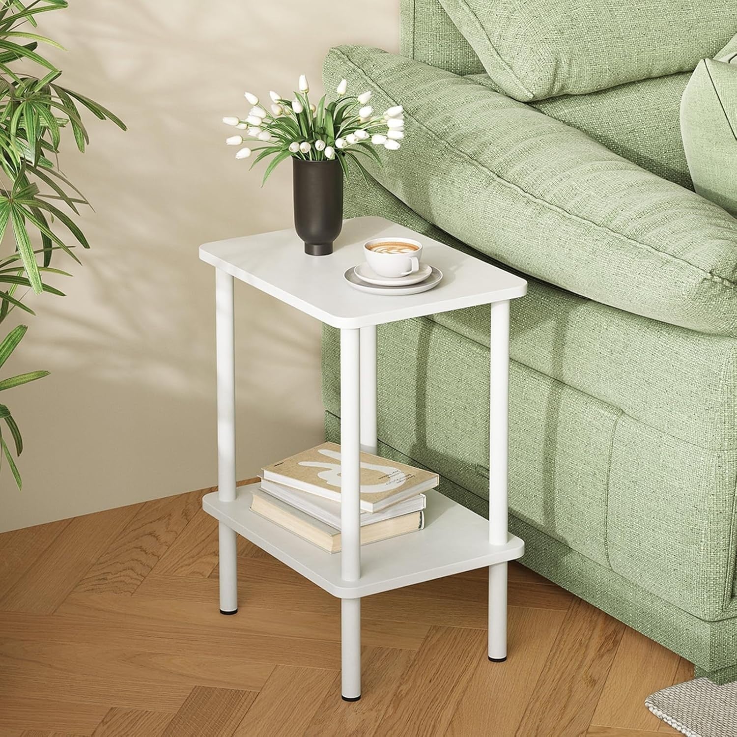 Set of 2 Narrow 2-Tier White Side Tables – Small Space Bedside Storage