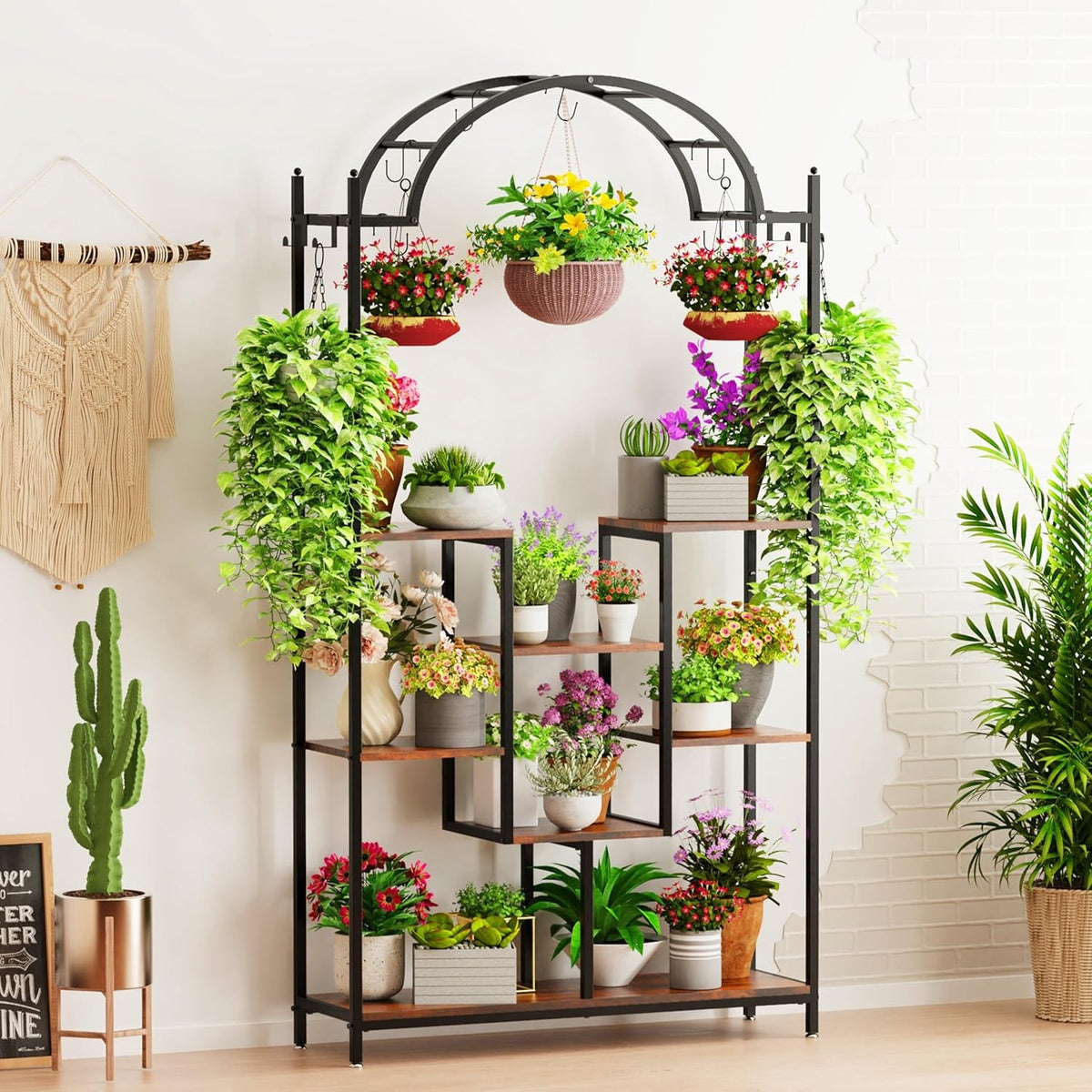 Arched 8 Tier Metal Plant Stand Indoor Outdoor with Hooks Flower Shelf Rack