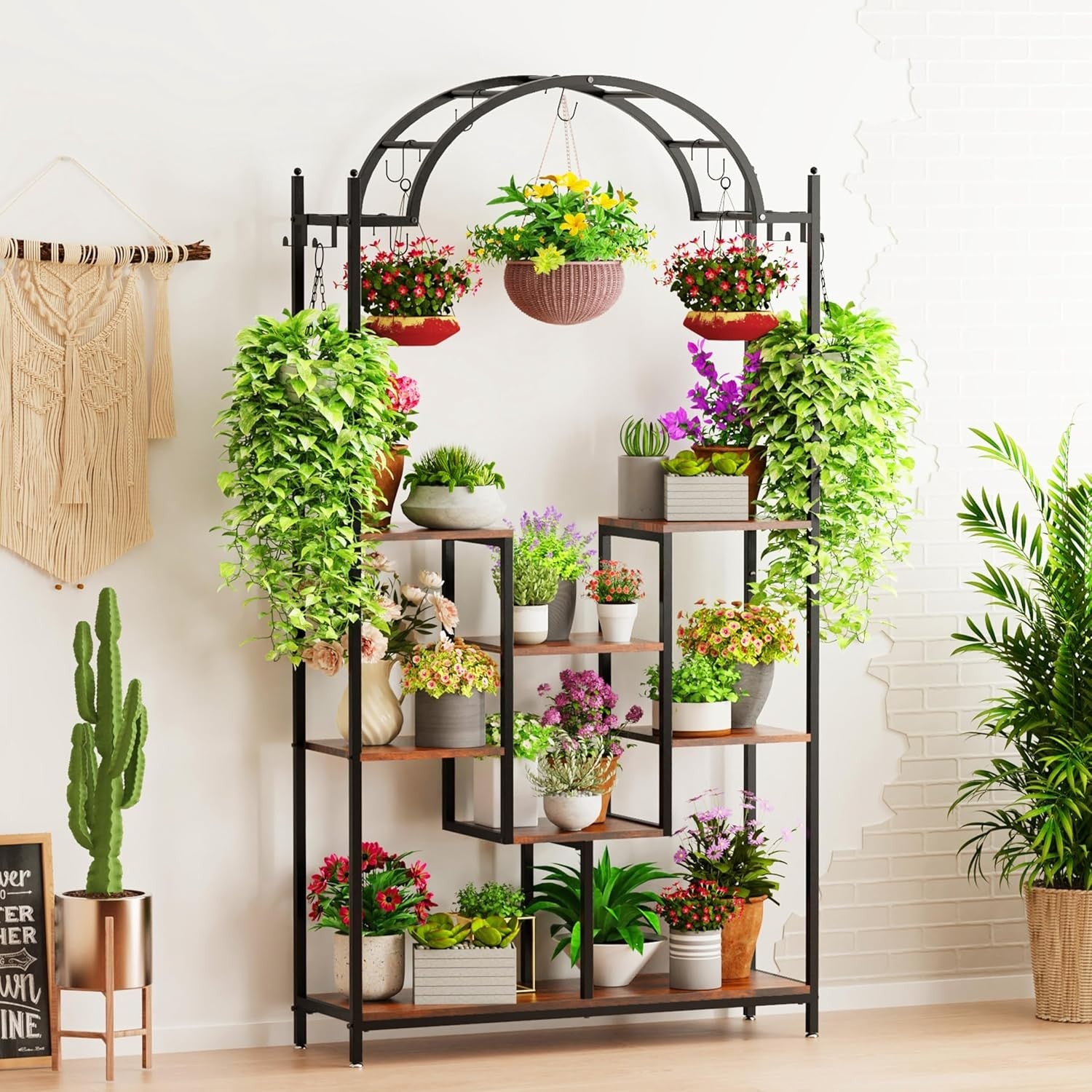 Arched 8 Tier Metal Plant Stand Indoor Outdoor with Hooks Flower Shelf Rack