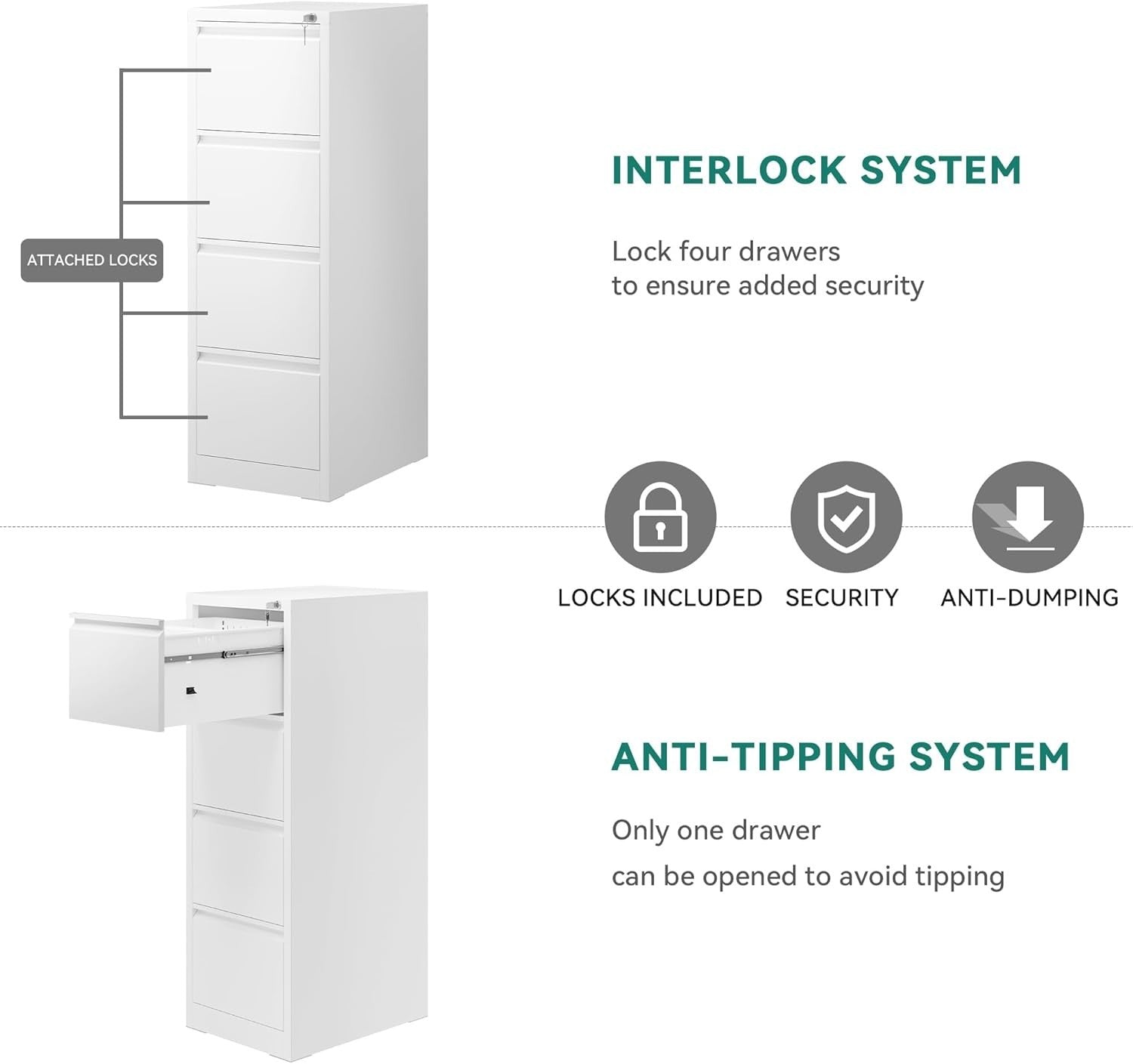 White 4 Drawer Lockable File Cabinet 62x45x133cm Rolling Steel