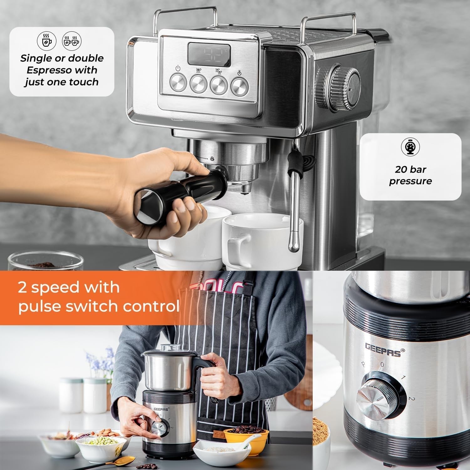 1465W Espresso Machine & 450W Grinder Set | 20-Bar Pressure | Milk Frother