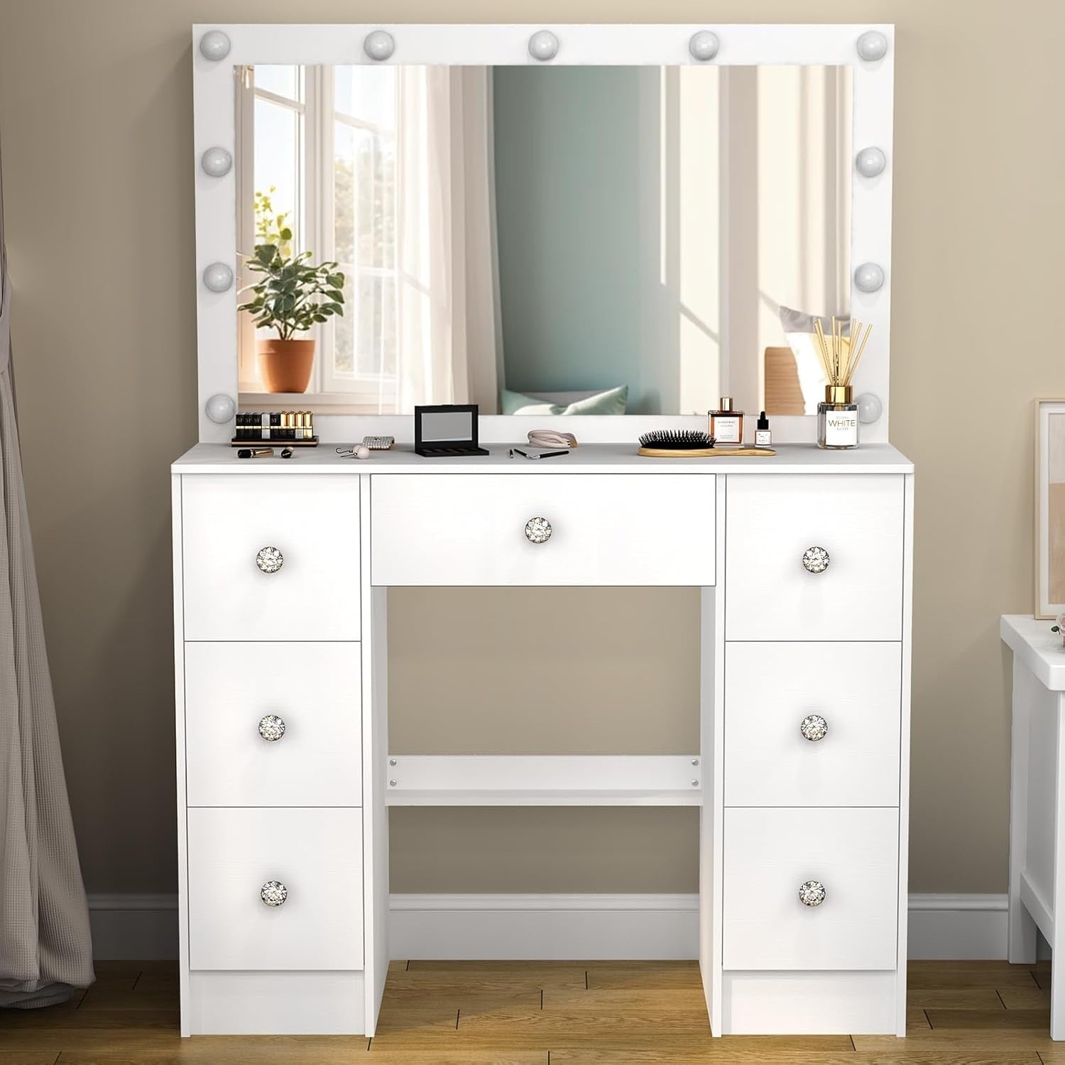 White Modern Vanity Desk Makeup Table Set w/ 10 LED Light Mirror & 3 Drawers (Ma