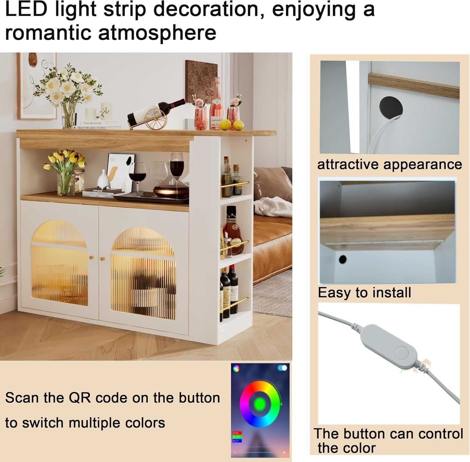 Extendable White Bar Table w/ LED Storage Cabinet Shelves 138×39×105cm Furniture