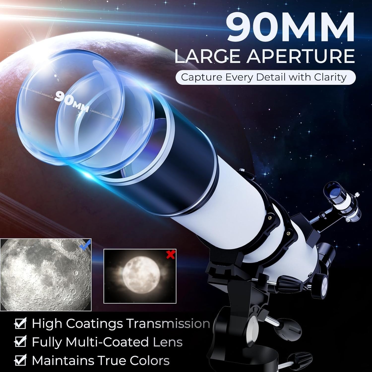 Advanced Telescope 90mm Refractor 32X-240X Astronomy Kit White Tripod