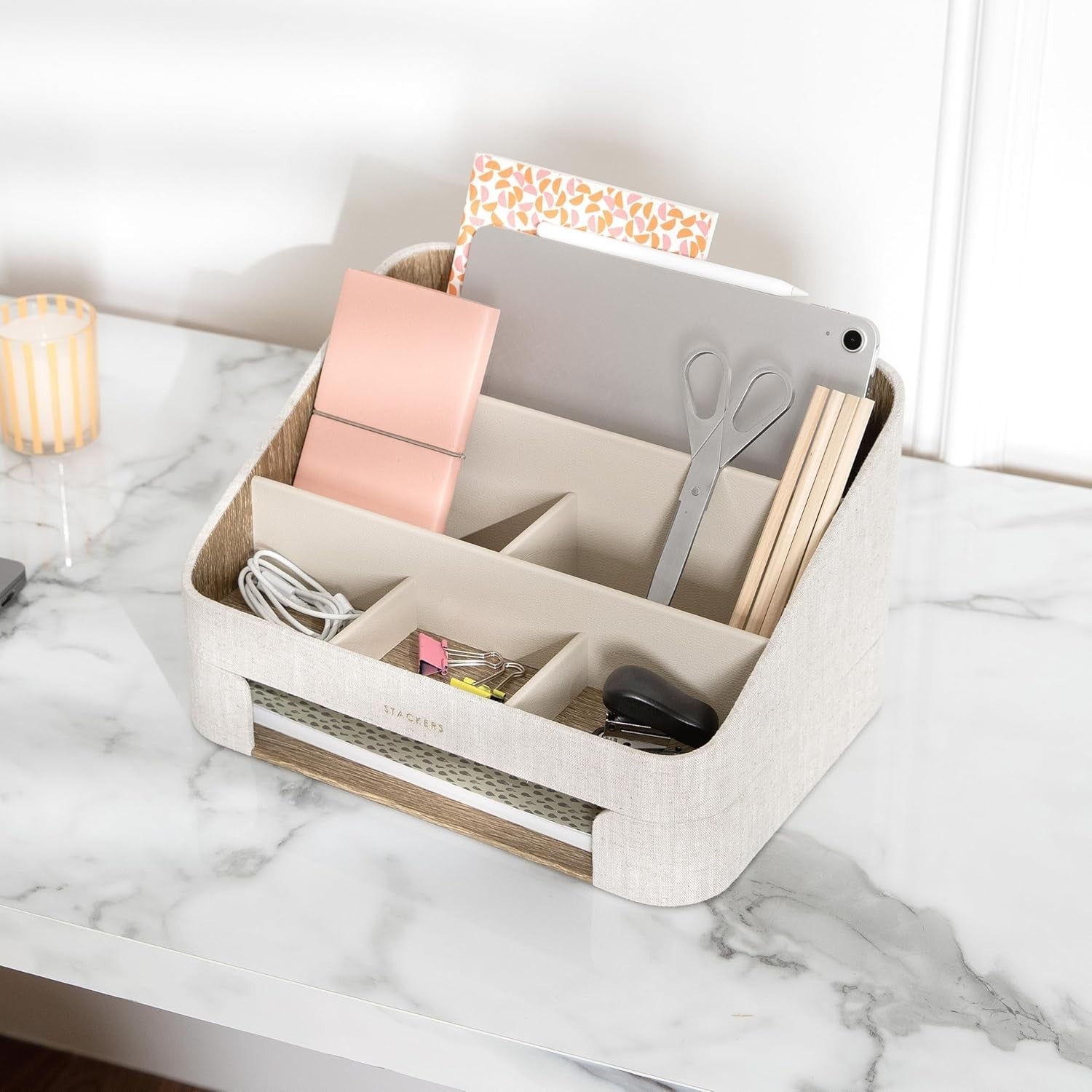 Stackable Desk Organiser & Letter Tray | Linen Office Storage, 5 Compartments