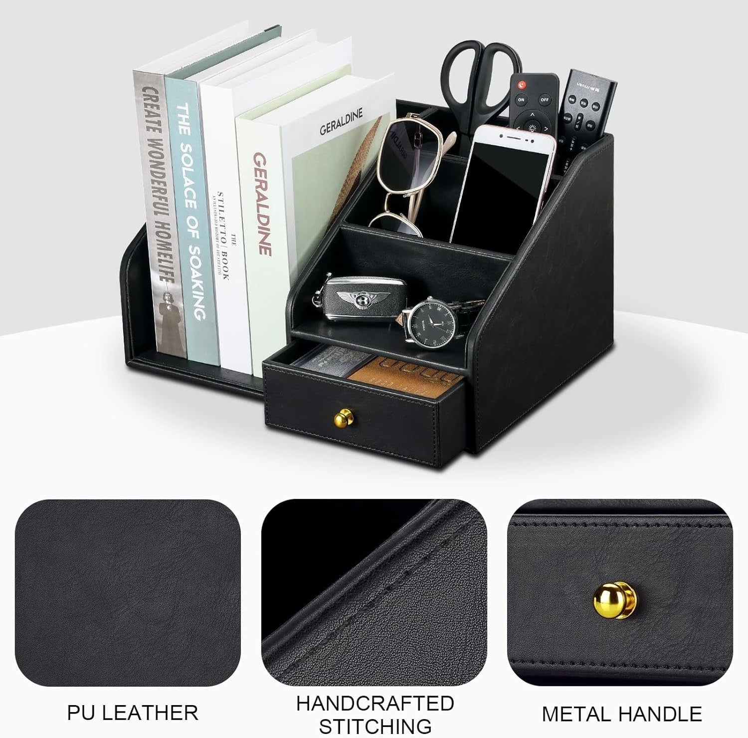 Black PU Leather Desk Organizer with A4 Magazine Rack & Pen Holder