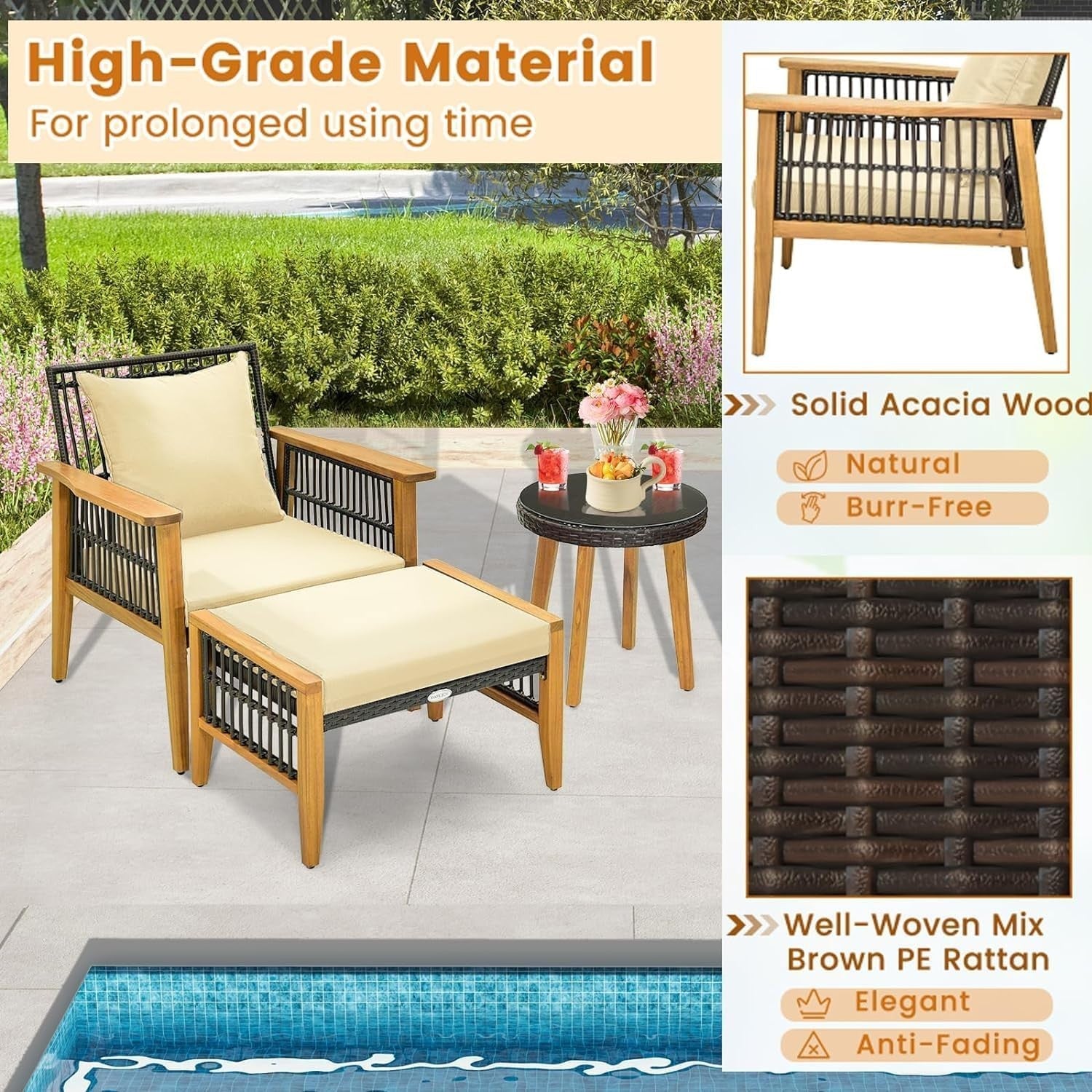 5 Piece Rattan Garden Sofa Set with Chairs Ottomans Glass Table Patio