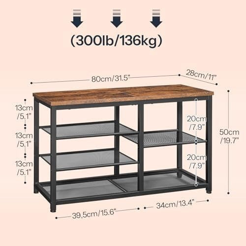 Rustic Brown 5-Tier Shoe Storage Bench with Seat Metal Frame Entryway Rack