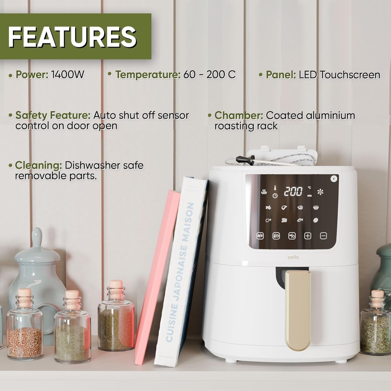4L White Digital Air Fryer 1400W | ProChef Thermometer | 8 Presets | Compact