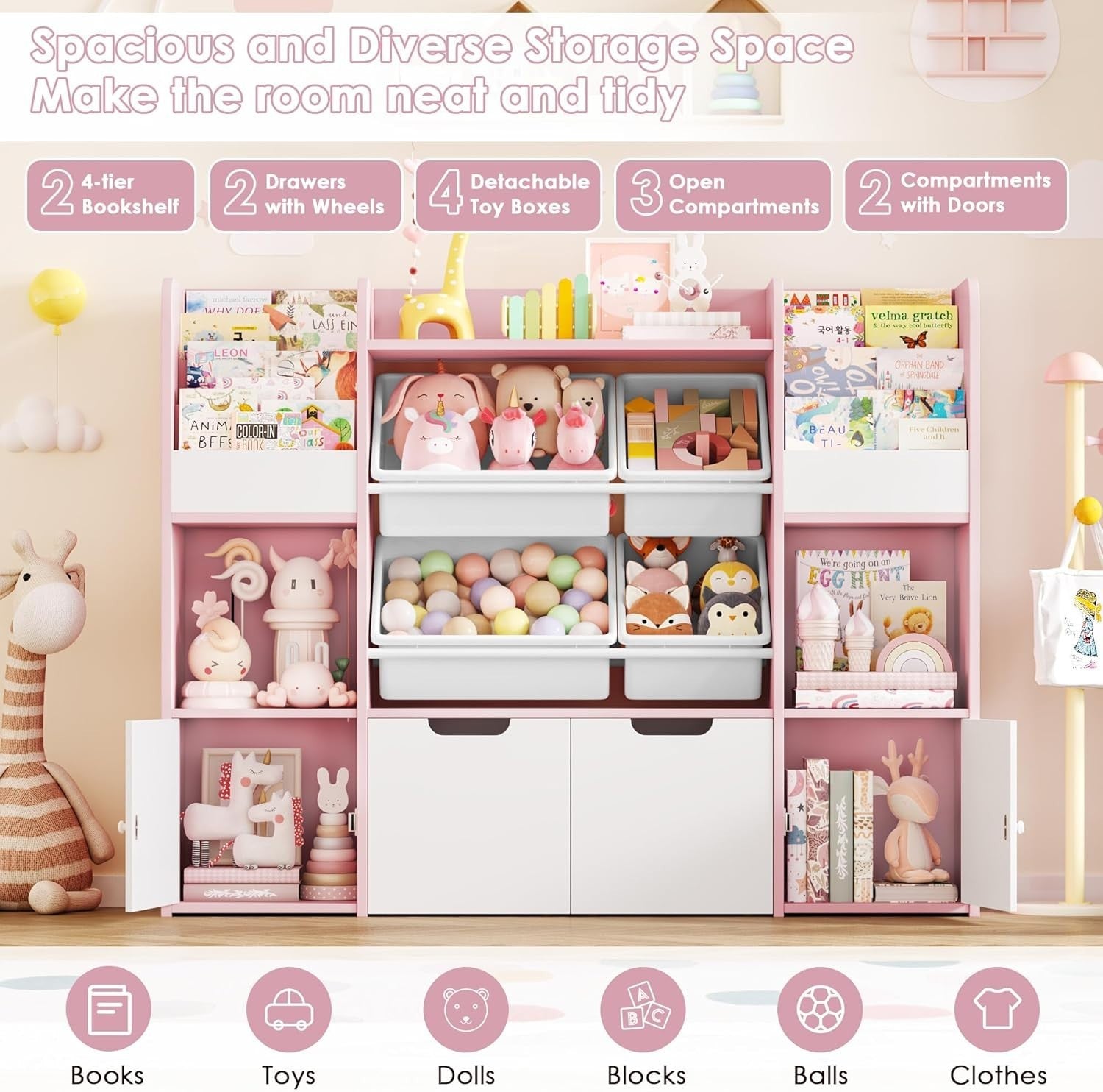 Kids Toy Storage Cabinet Bookshelf with Drawers Doors Bins 6-in-1 Unit Pink