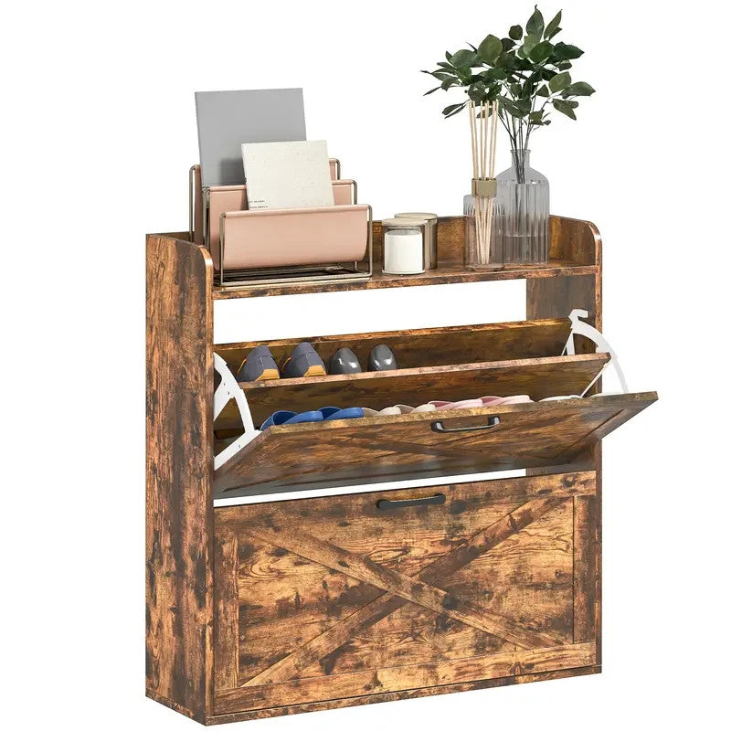 Rustic Farmhouse Shoe Cabinet with Flip Drawers & Barn Door Design – 80cm