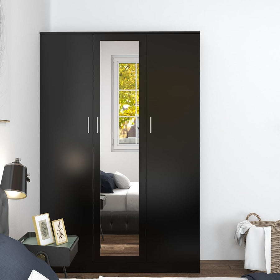 3-Door Mirrored Wardrobe with 6 Storage Compartments & Hanging Rail, Black