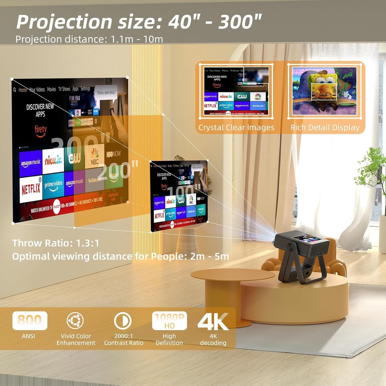 Touch Screen Smart Projector 1080P WiFi 6 Bluetooth Auto Focus 180°
