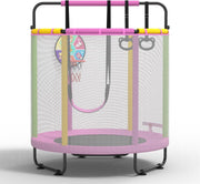 Kids Trampoline with Basketball Hoop Rings Pull-Up Bar Indoor Outdoor
