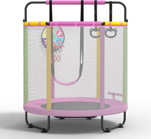 Kids Trampoline with Basketball Hoop Rings Pull-Up Bar Indoor Outdoor