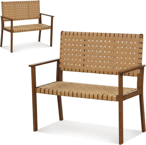 2 Seater Outdoor Rattan Garden Bench with Wood Frame Patio Balcony Seat