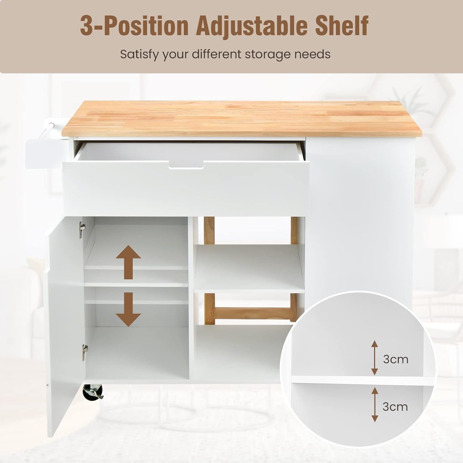 Kitchen Island Trolley Cart w/ Wheels, Foldable Worktop, Storage Shelves