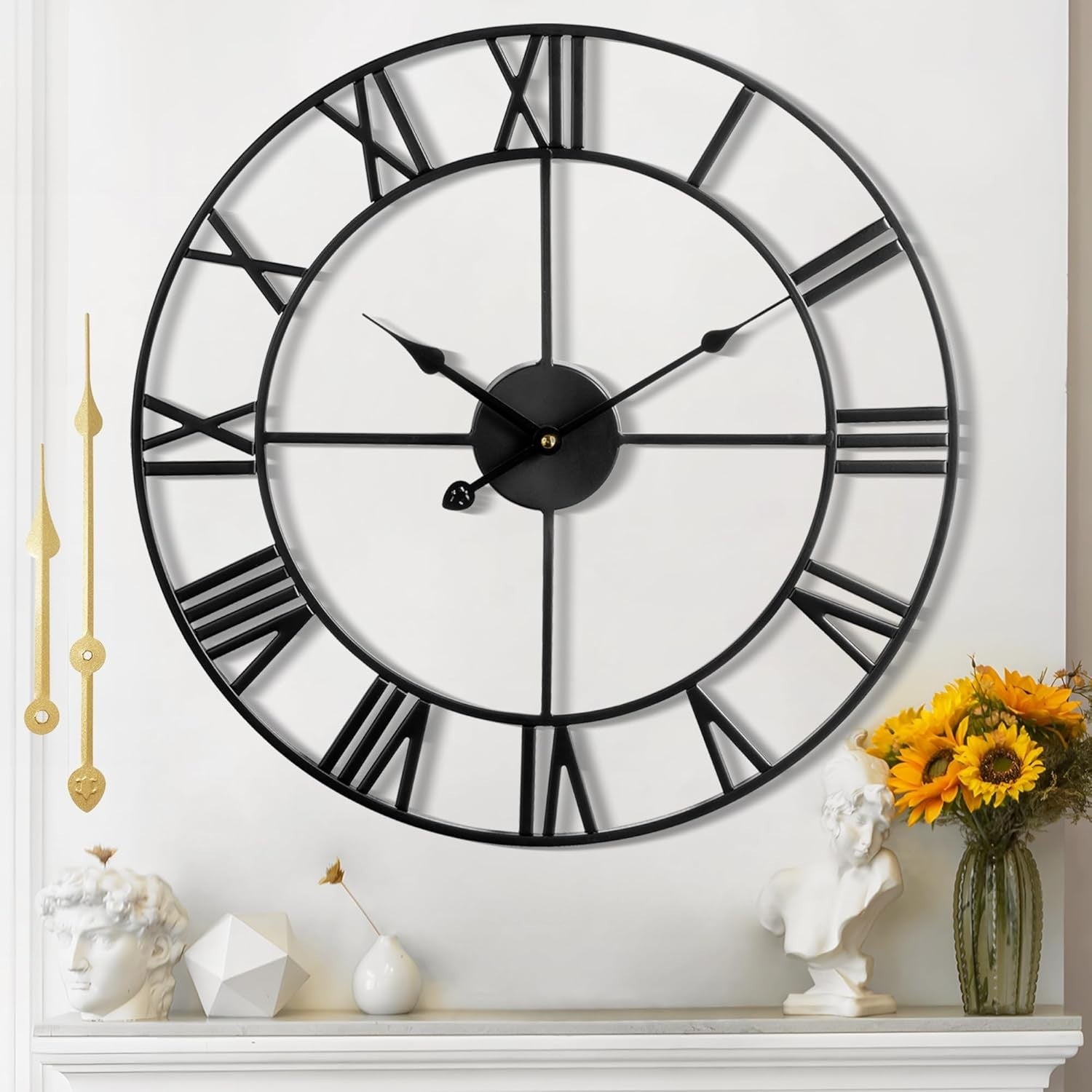 80cm Large Silent Metal Wall Clock Roman Numerals Art Deco Vintage Black