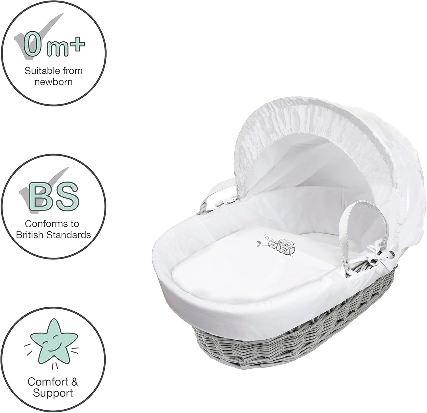Embroided  Wicker Moses Basket Adjustable Hood Rocking Stand Owl Grey
