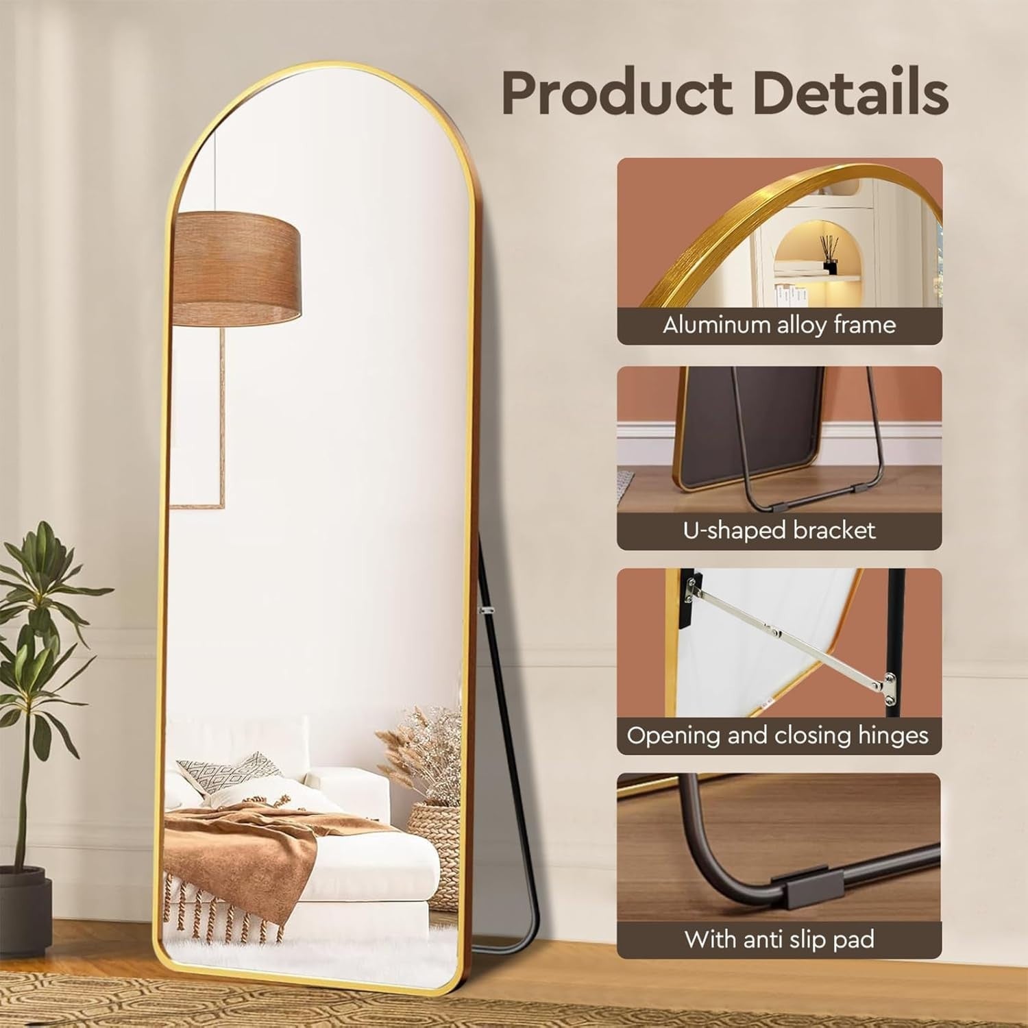 Gold Full-Length Floor Mirror 147x45cm with Dual Mounting & Stand