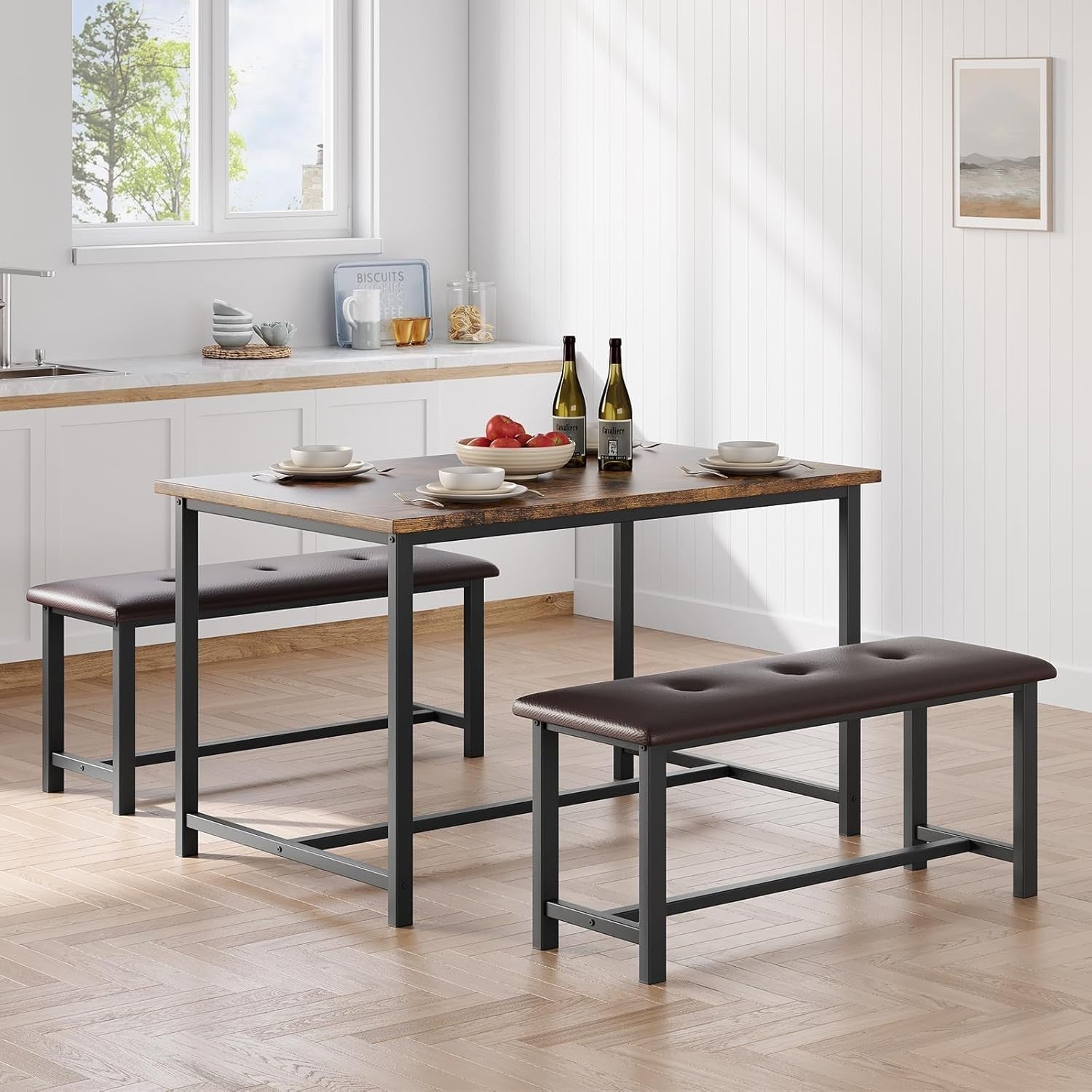 Rustic Brown Dining Table Set for 4 with 2 Benches Space Saving Wood Metal