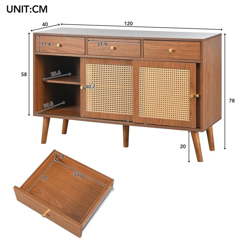 Retro Rattan Sideboard Cabinet 3 Drawer 3 Door Wooden Storage for Living Room