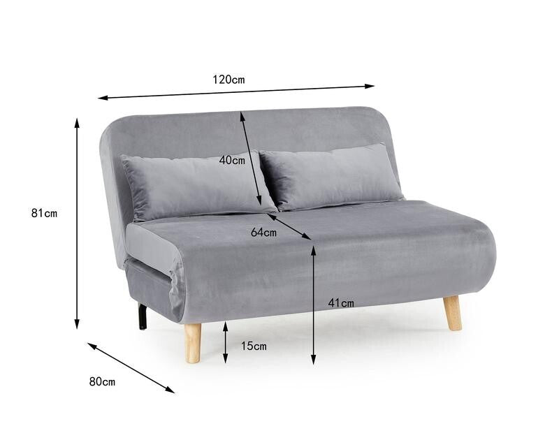 Grey Velvet 2-Seater Sofa Bed Futon Recliner w/ Wooden Legs Pillows