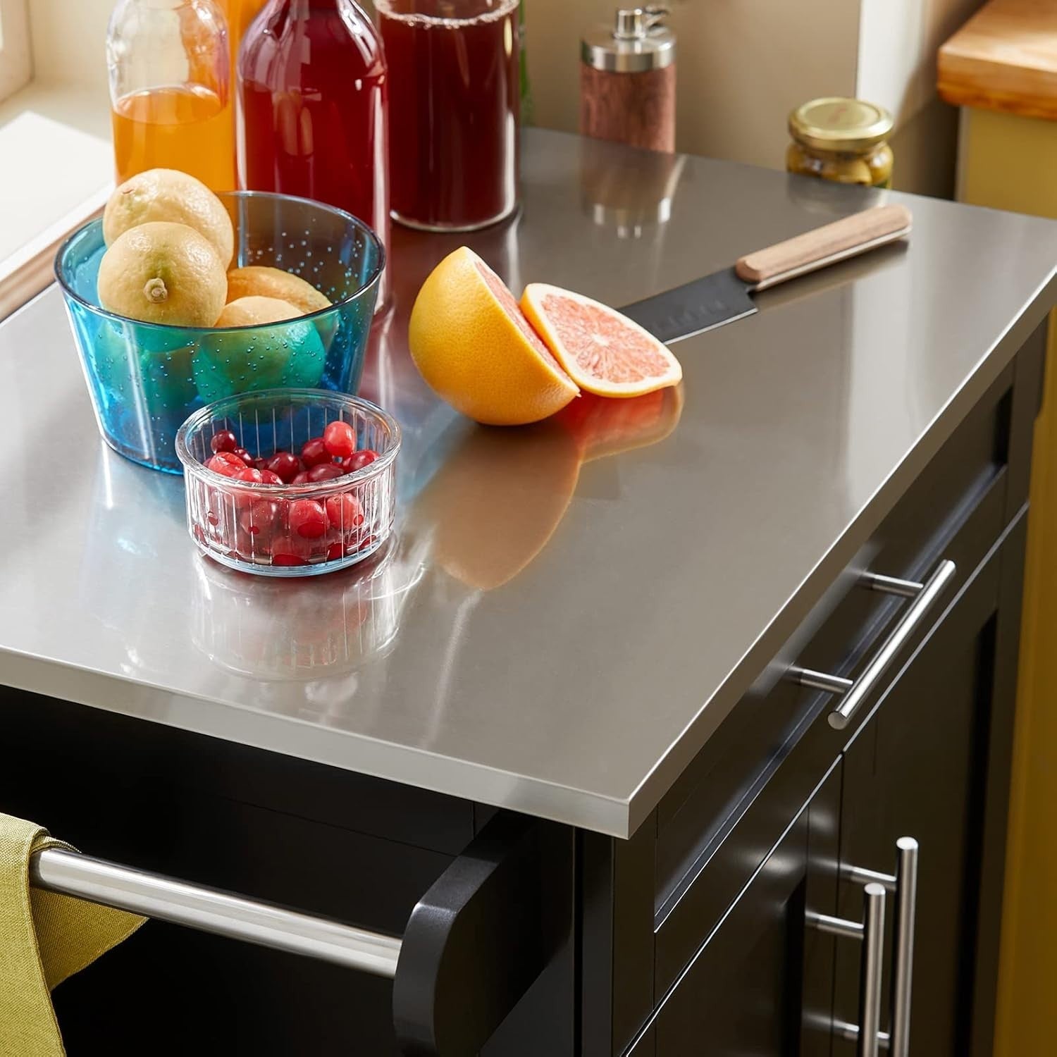 Mobile Kitchen Island Cart with Stainless Steel Top, Storage Drawer & Cabinet