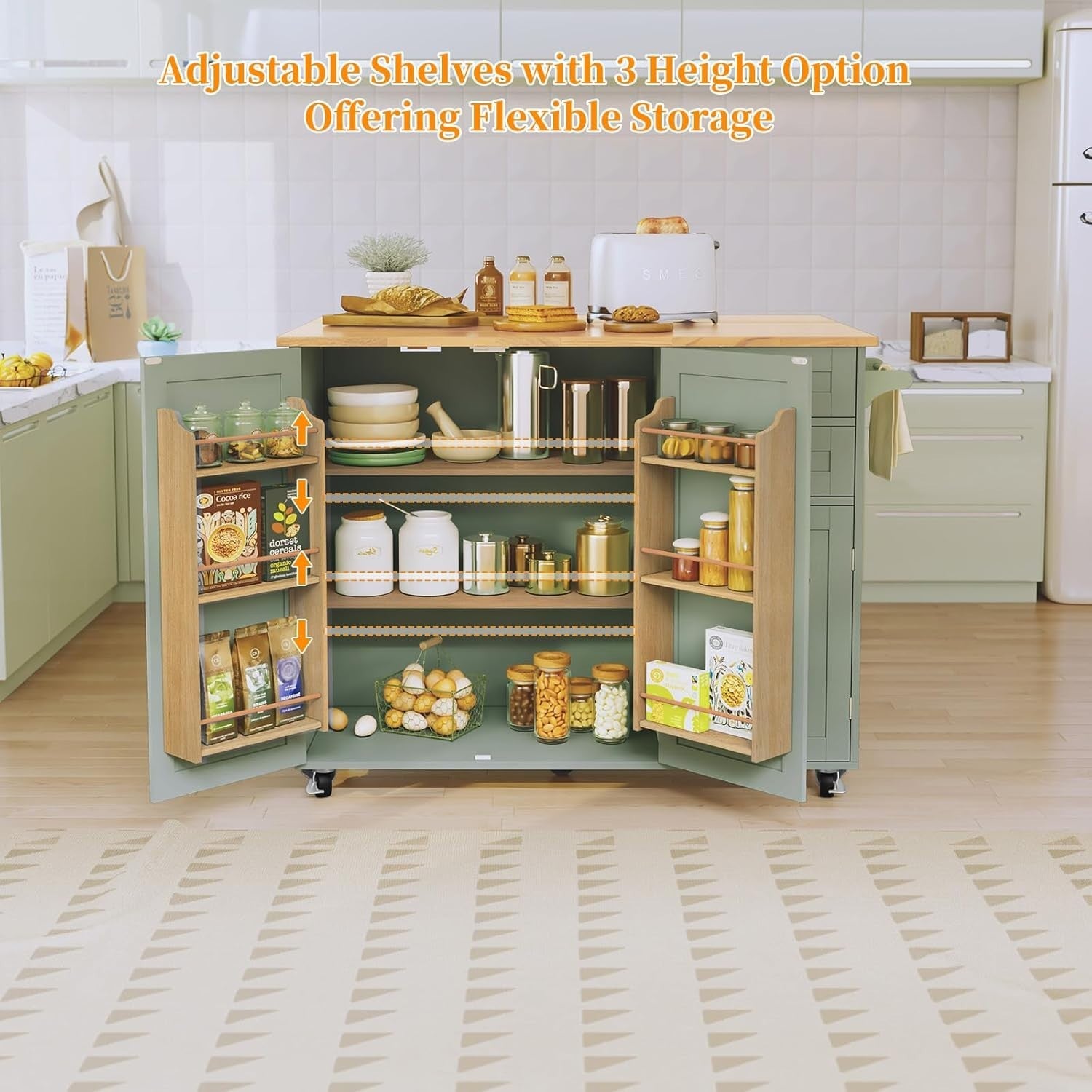 Green Rolling Kitchen Island Cart Drop Leaf 128cm Storage